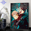 A vertical canvas print featuring a dramatic illustration of a character from Jujutsu Kaisen with stylized calligraphy text.
