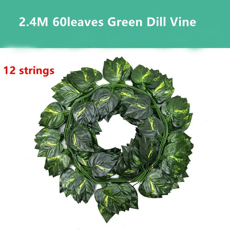 A wreath of artificial green dill vine leaves with 12 strings for wall and decor.