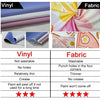 Comparison chart showing features of vinyl and fabric materials for party decorations