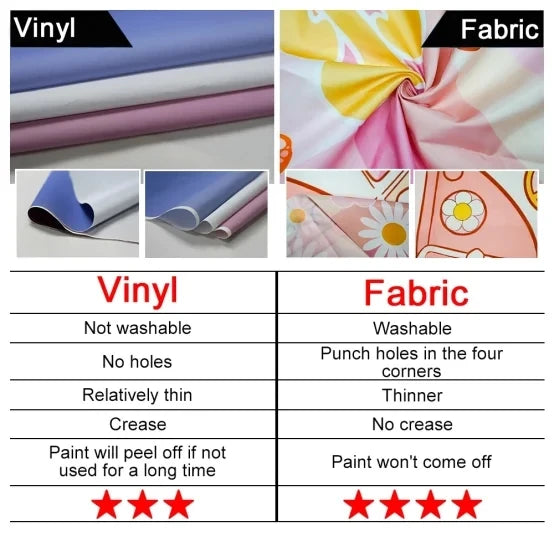 Comparison chart showing features of vinyl and fabric materials for party decorations