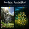 A pair of solar garden lights with a starburst effect illuminating plants during daytime and nighttime.