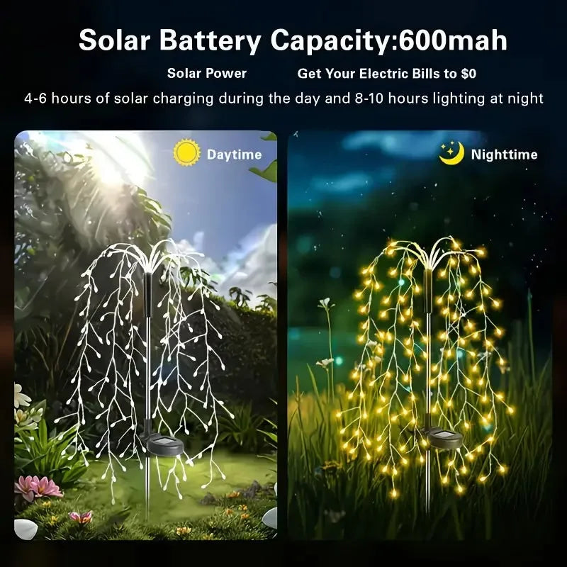 A pair of solar garden lights with a starburst effect illuminating plants during daytime and nighttime.