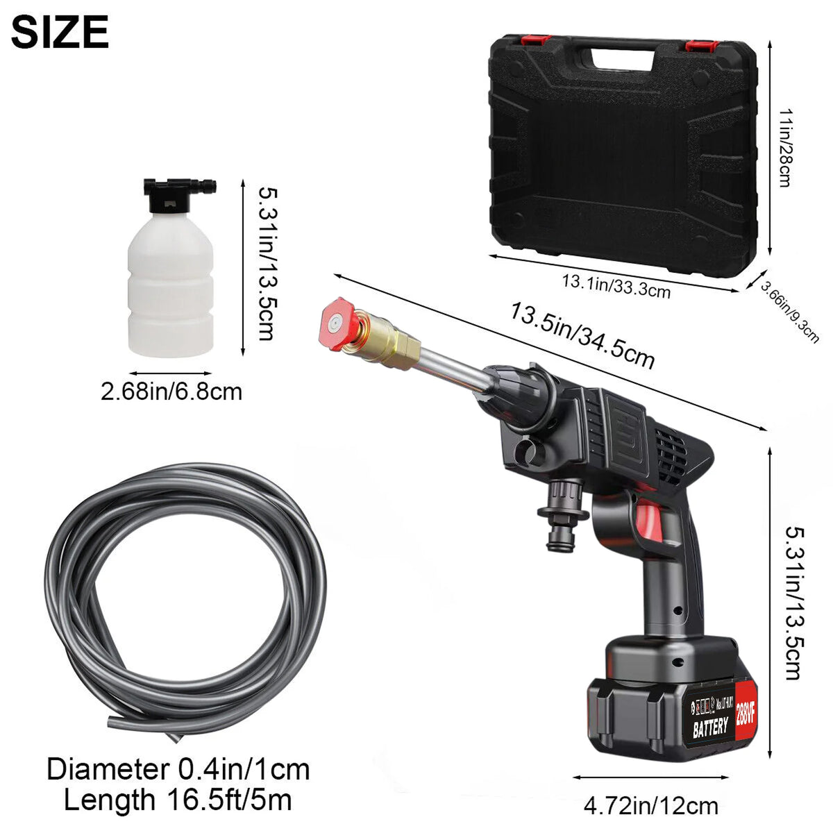 Cordless electric pressure washer with a pump, hose, and battery shown in various sizes.