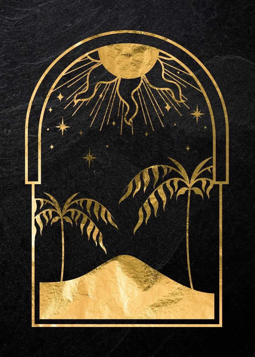 Gold-framed artwork featuring a sun, stars, and palm trees against a dark background.