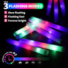Three glowing LED foam sticks demonstrating slow flashing, fast flashing, and forever bright modes.
