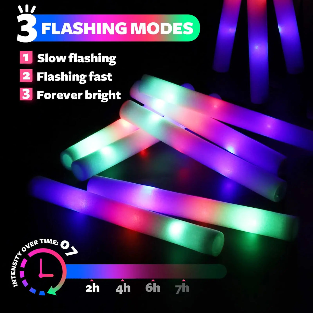Three glowing LED foam sticks demonstrating slow flashing, fast flashing, and forever bright modes.