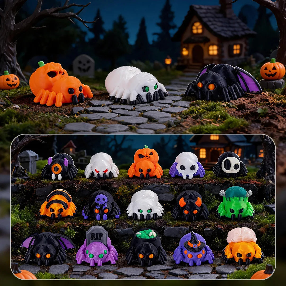 A collection of mini creepy-cute monster spider and skeleton figurines in various colors like orange, purple, black, and whit