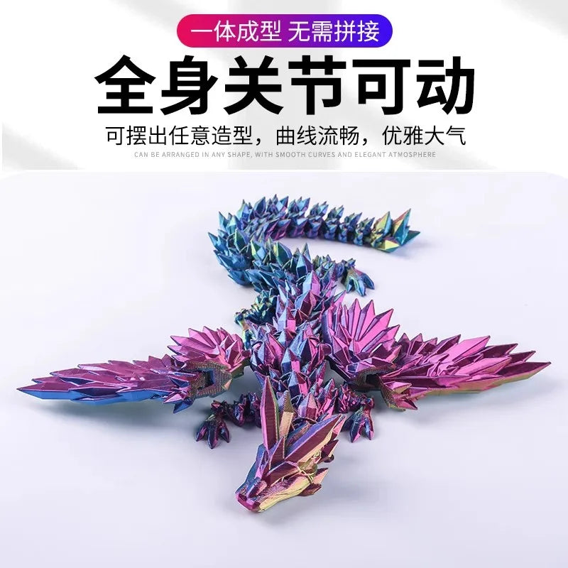 A close-up of a multi-colored, articulated dragon fidget figurine with sharp scales and intricate details.