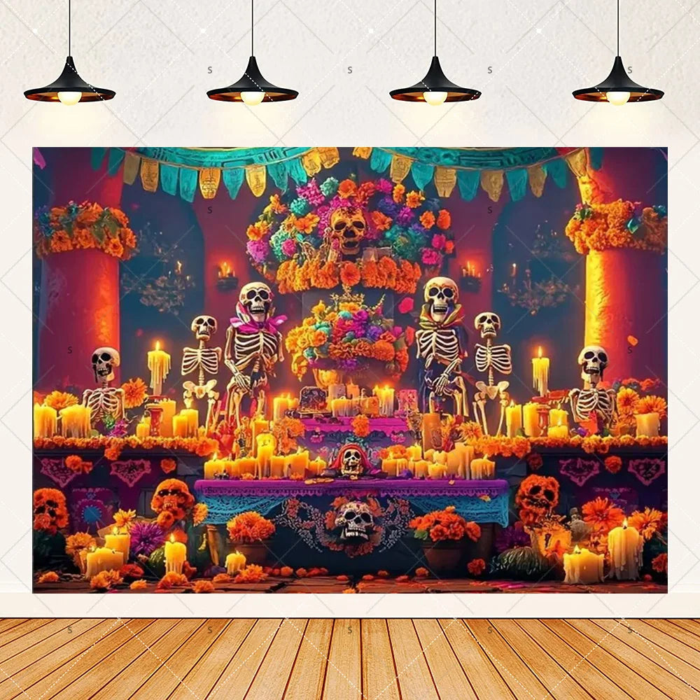 A vibrant Day of the Dead fiesta photo backdrop featuring colorful floral skull designs and warm lighting.
