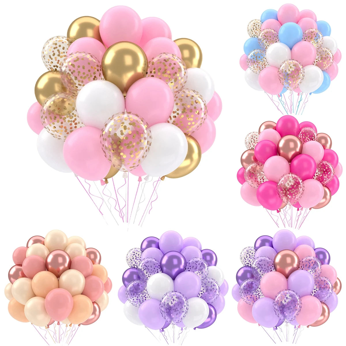 A collection of pink, white, and gold balloons with metallic pearl accents and confetti for party decor.