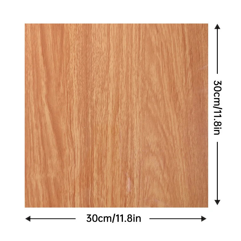 A square piece of light brown wood grain tile measuring 30cm by 30cm, used for a waterproof wall or backsplash.