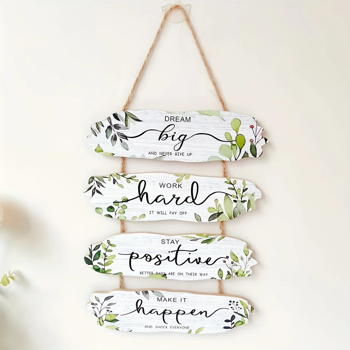 Rustic wooden inspirational hanging sign with five layered signs featuring positive affirmations like dream big and stay posi