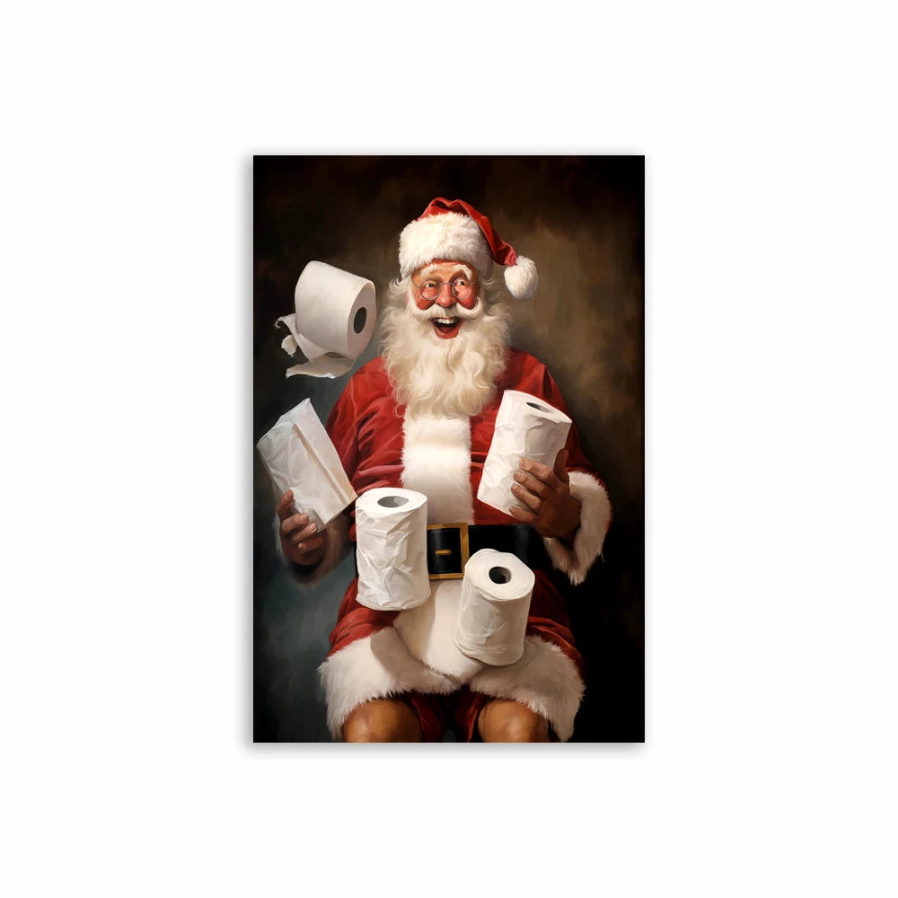 A painting of a jolly Santa Claus with a white beard and red suit holding rolls of toilet paper.