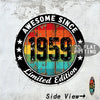 Vintage metal wall sign with the text AWESOME SINCE 1959 Limited Edition on a distressed circular background.