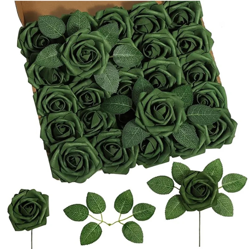 A box filled with realistic green foam rose artificial flowers for weddings and home decor.