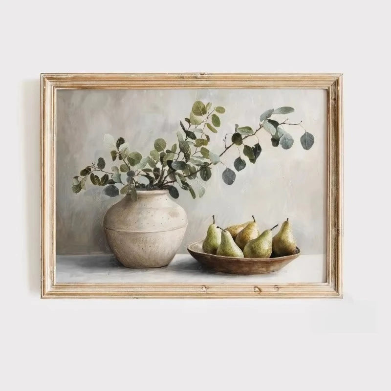 Abstract canvas art featuring a vase of greenery and pears in a rustic wooden frame.