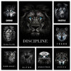 A grid of nine black and white animal portraits featuring lions, wolves, and leopards with motivational titles like Grind, Di
