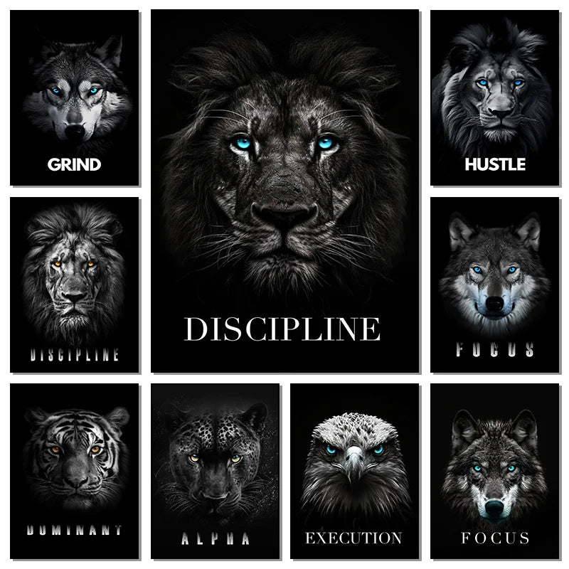 A grid of nine black and white animal portraits featuring lions, wolves, and leopards with motivational titles like Grind, Di