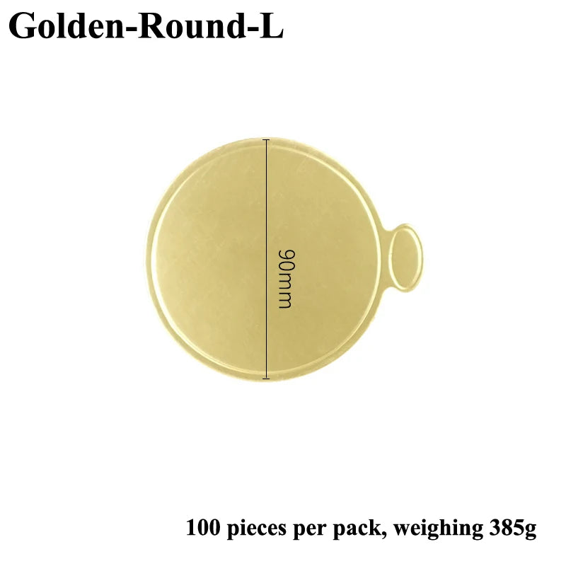 A round, metallic gold dessert cake board with a 90mm diameter and a small protrusion.