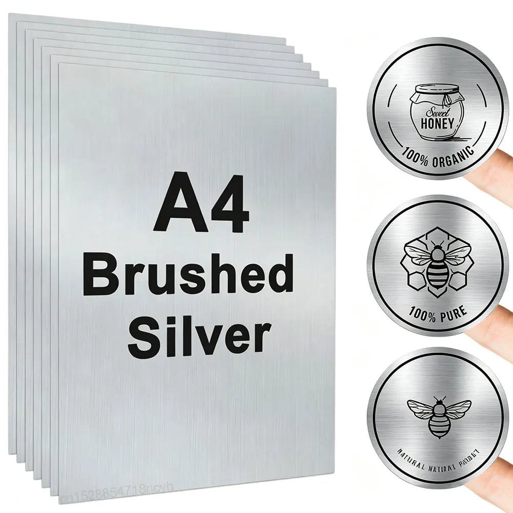 A4 brushed silver vinyl sticker paper with ten sheets and round stickers of honey and bee designs