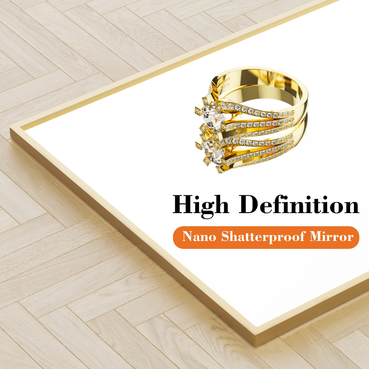 A close-up of a gold ring with diamonds displayed on a white background with text reading High Definition Nano Shatterproof M