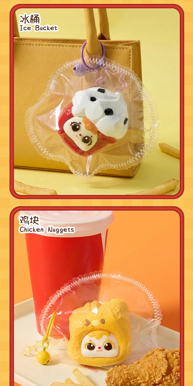 A clear plastic ice bucket filled with a white and black patterned ice cube collectible toy.