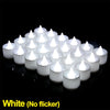 A set of white flameless LED tea light candles arranged in a pyramid formation against a black background.
