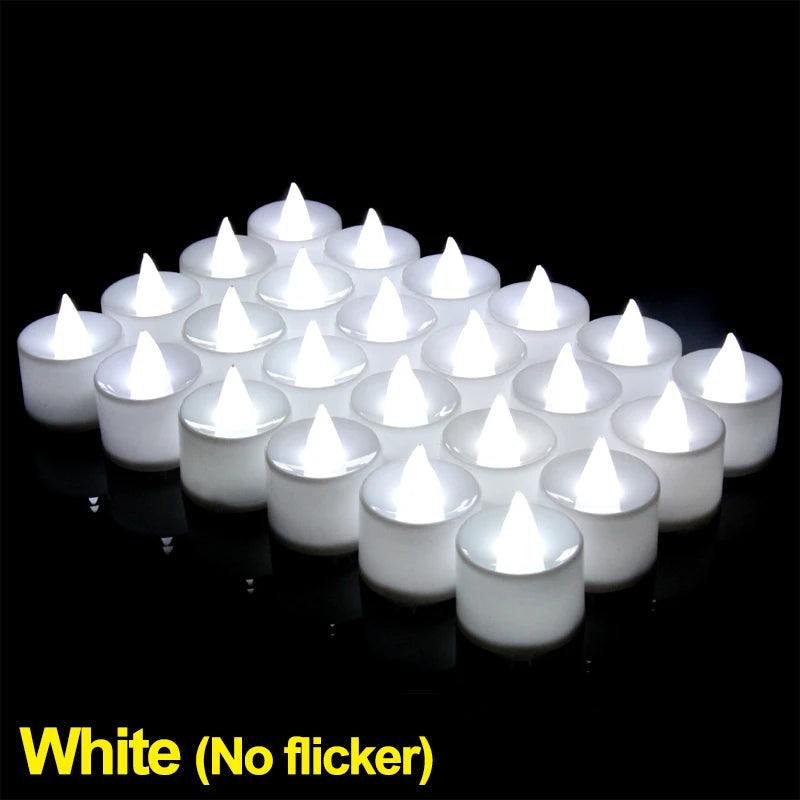 A set of white flameless LED tea light candles arranged in a pyramid formation against a black background.