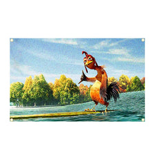 A funny chicken character is depicted surfing on a green wooden plank in blue water with a sunny, wooded background.