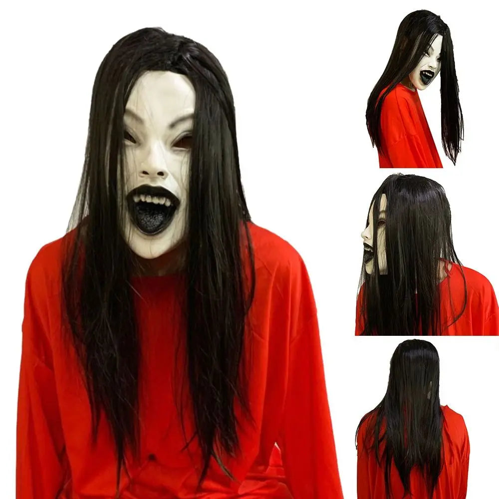A realistic latex horror mask with long black hair wearing a red shirt.