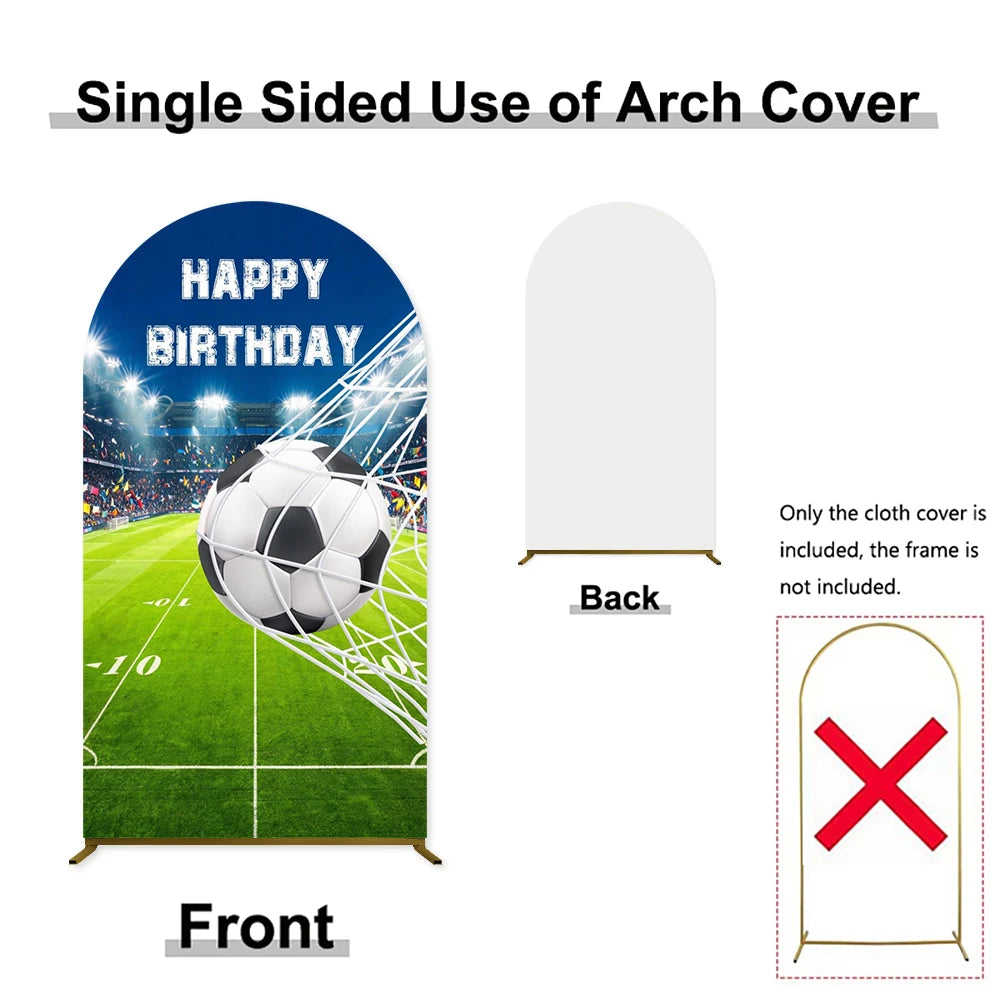 Single sided arch cover backdrop featuring a happy birthday message and a soccer ball design for photo booths