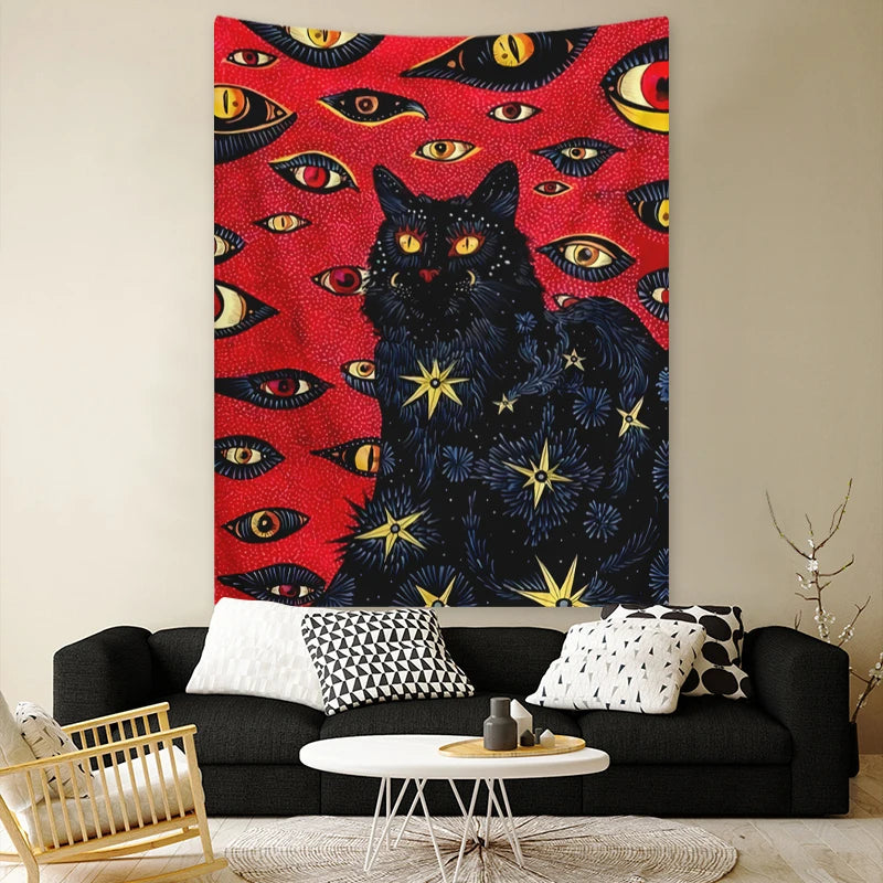A tapestry wall hanging featuring a black cat with glowing yellow eyes against a red background covered in various watchful e
