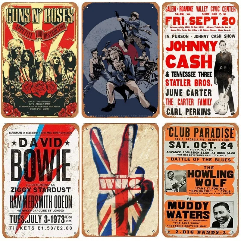 Placas de metal vintage de bandas como Guns N' Roses, David Bowie y The Wolf Wolf con arte de álbum y nombres de bandas.
