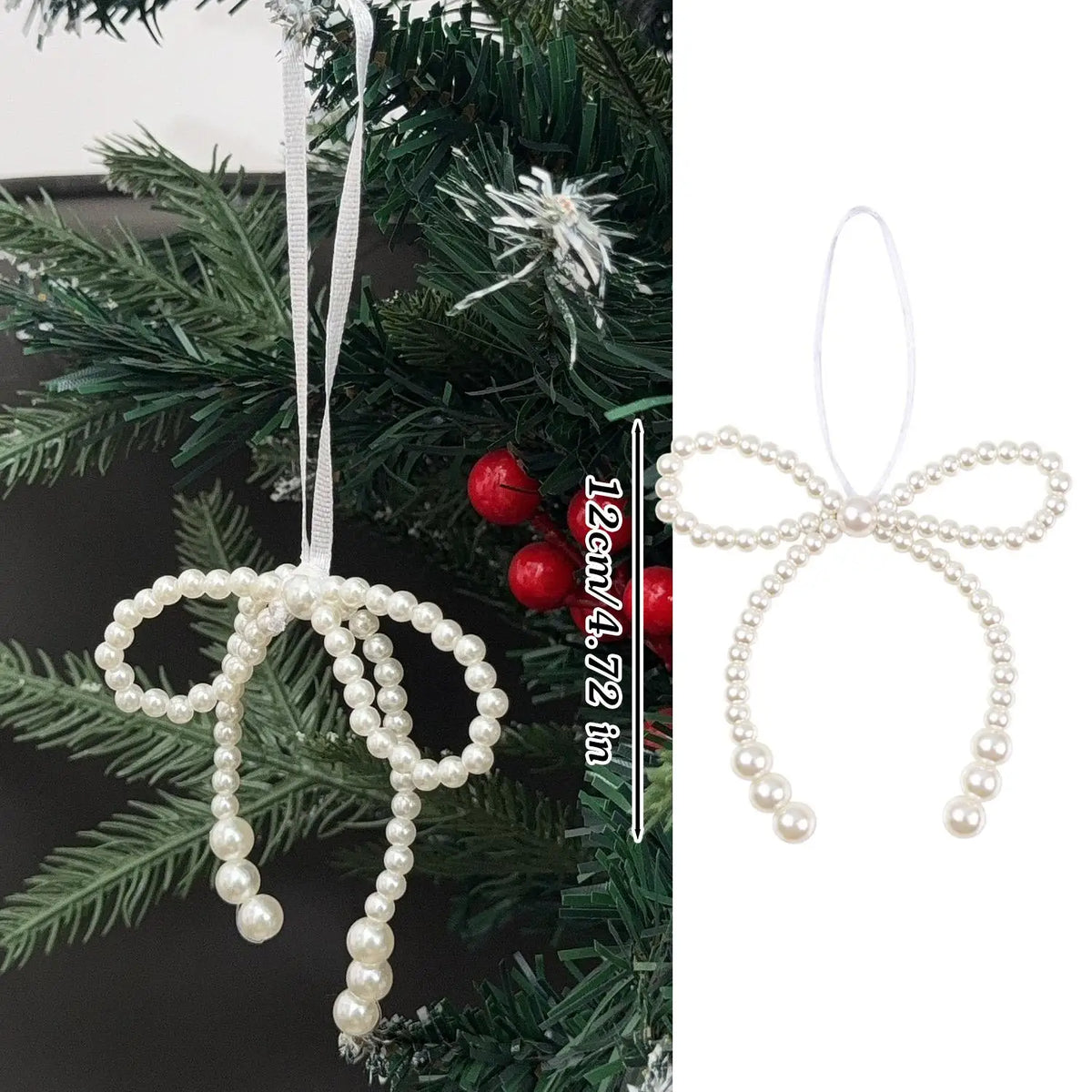 A set of elegant pearl bow Christmas tree ornaments with white string and red accents.