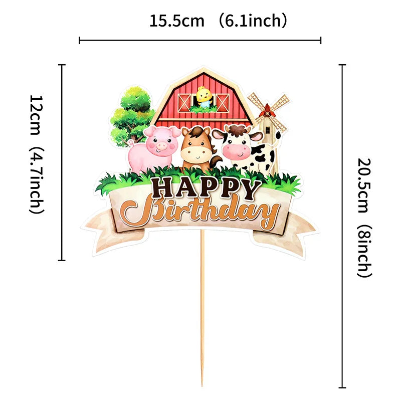 A wooden farm animal cake topper featuring a pink pig, a brown cow, and a yellow chick in a red barn setting.