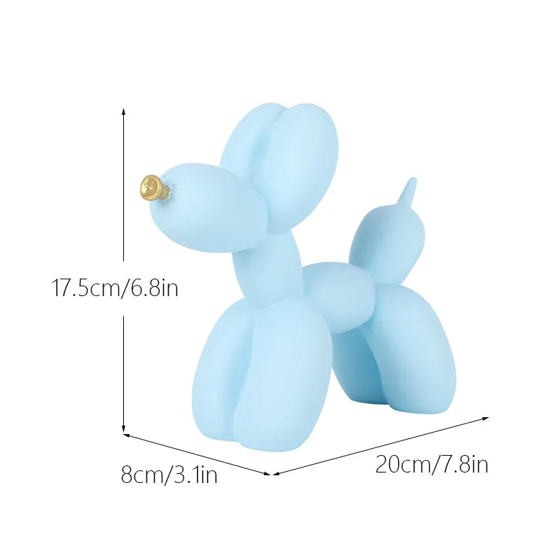 Light blue resin sculpture of a dog shaped like a balloon, displayed with dimensions.