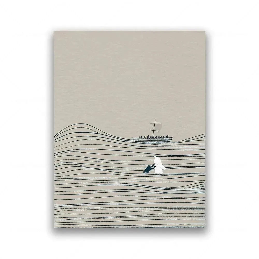 Dibujo lineal minimalista de Jesús lavando los pies de un discípulo sobre el agua contra un fondo apagado.