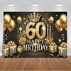 A black and gold balloon backdrop for a 60th birthday, featuring balloons, confetti, and a crown.