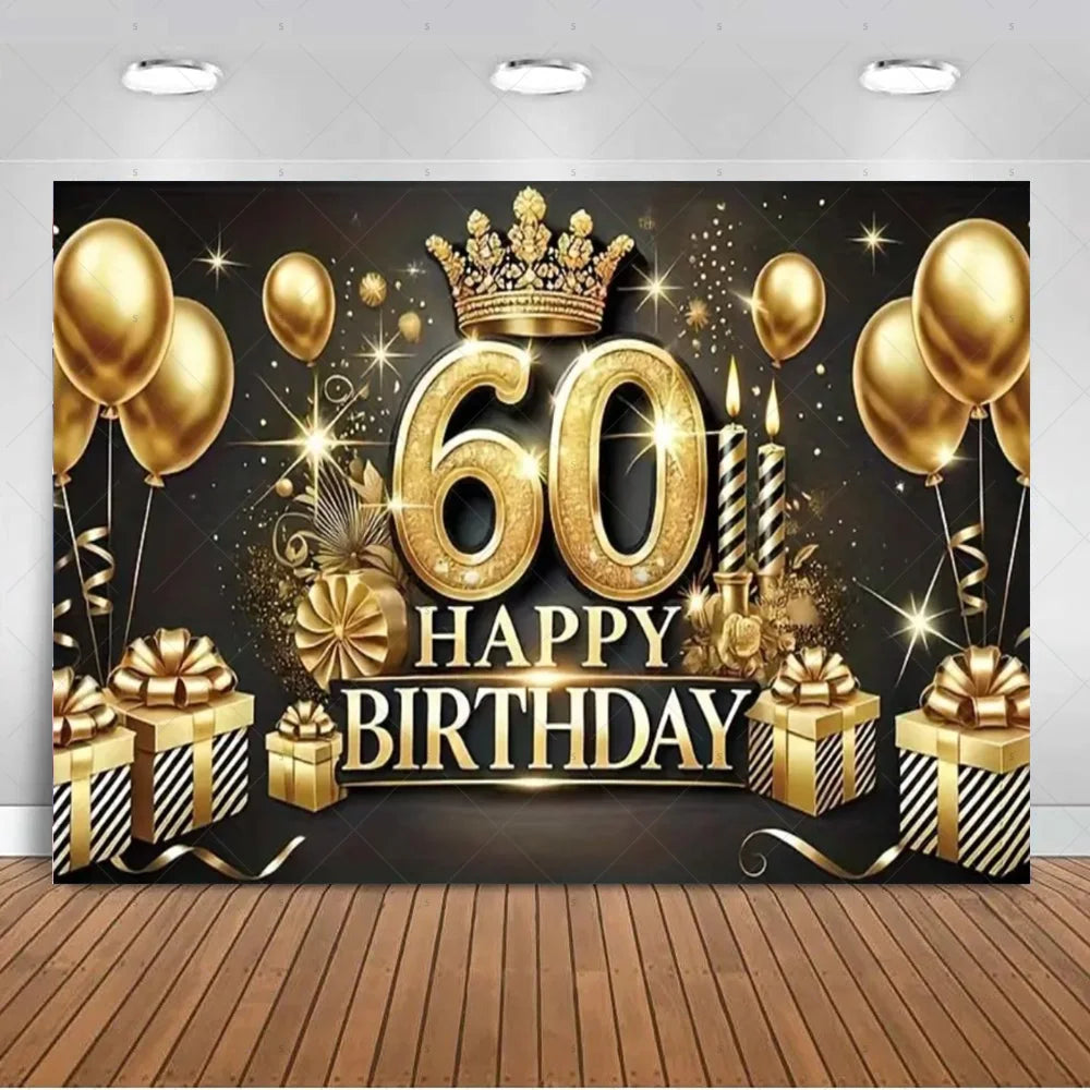 A black and gold balloon backdrop for a 60th birthday, featuring balloons, confetti, and a crown.