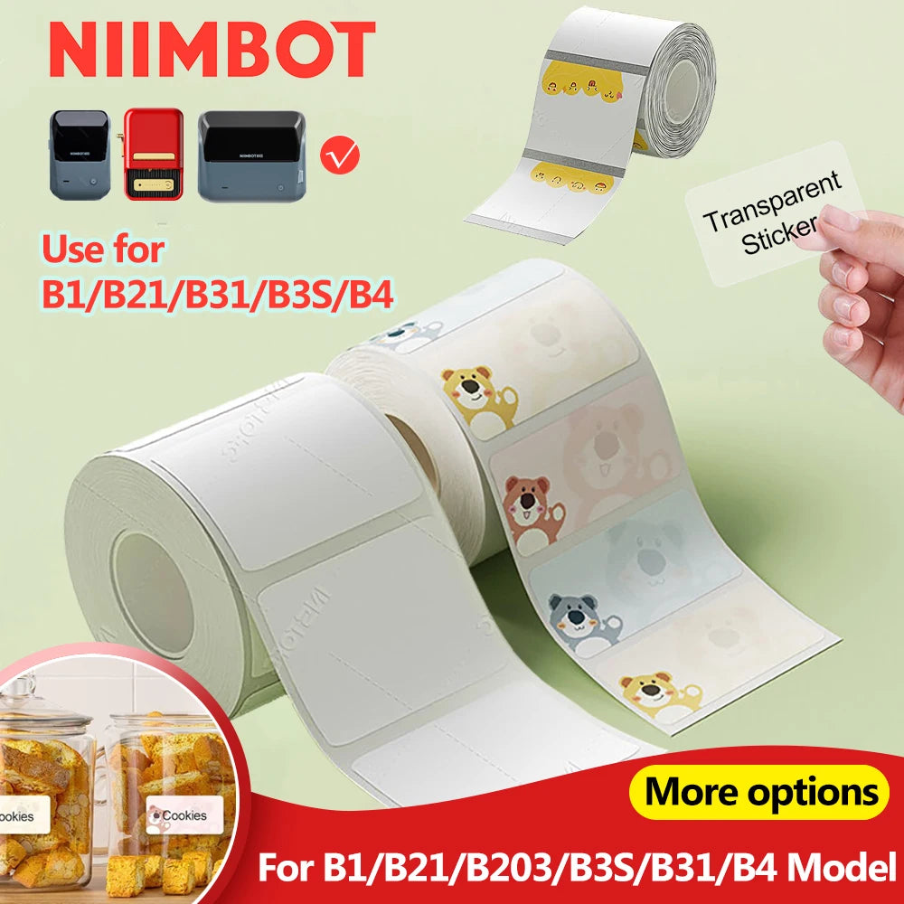 Rolls of transparent thermal label paper for mini label printers with various designs