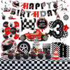 A set of birthday racing car decorations including banners, balloons, and cake toppers on a black and white checkered backgro