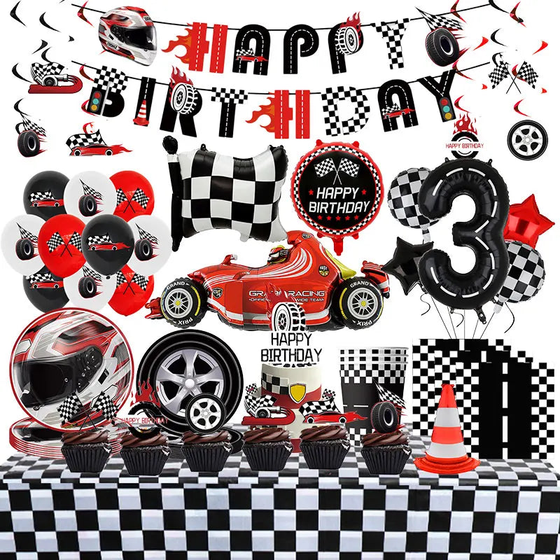 A set of birthday racing car decorations including banners, balloons, and cake toppers on a black and white checkered backgro