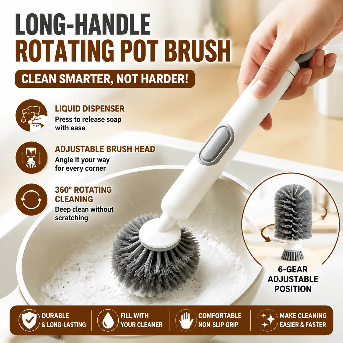 A hand is using a long-handled rotating pot brush with a liquid dispenser to clean a pot.
