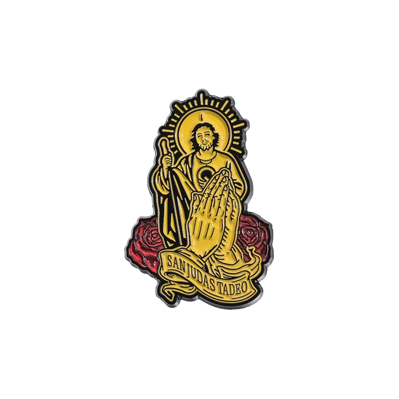 Faith enamel pin featuring a depiction of Saint Judas Tadeo with a halo and blessing gesture