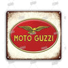 Vintage metal sign with a red oval featuring the text MOTO GUZZI on a distressed background.