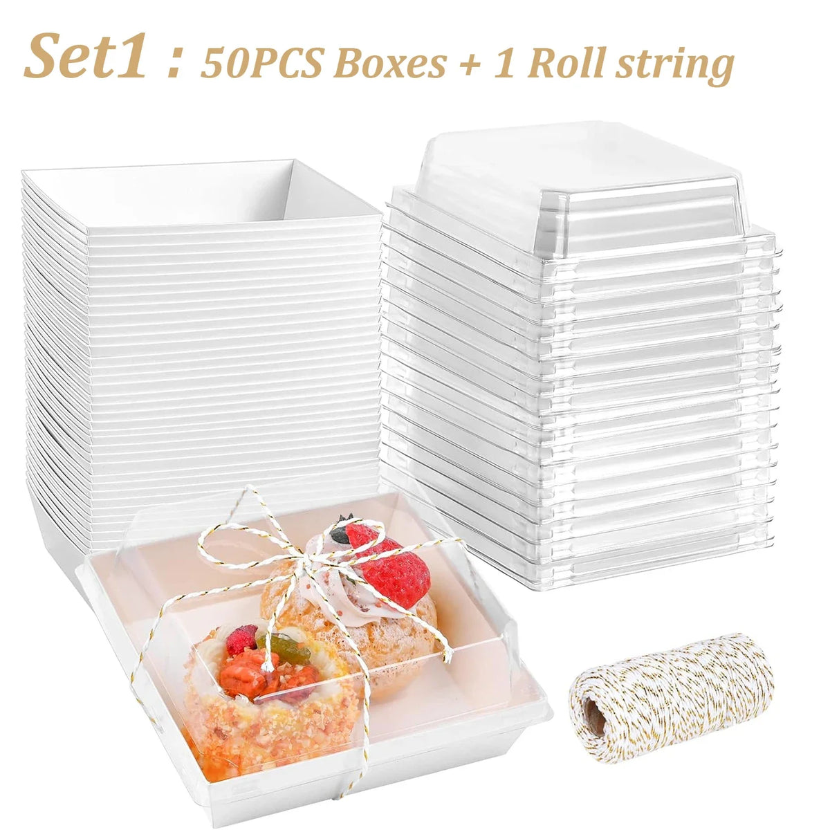 Set of 50 clear lidded paper sandwich boxes for desserts and one roll string