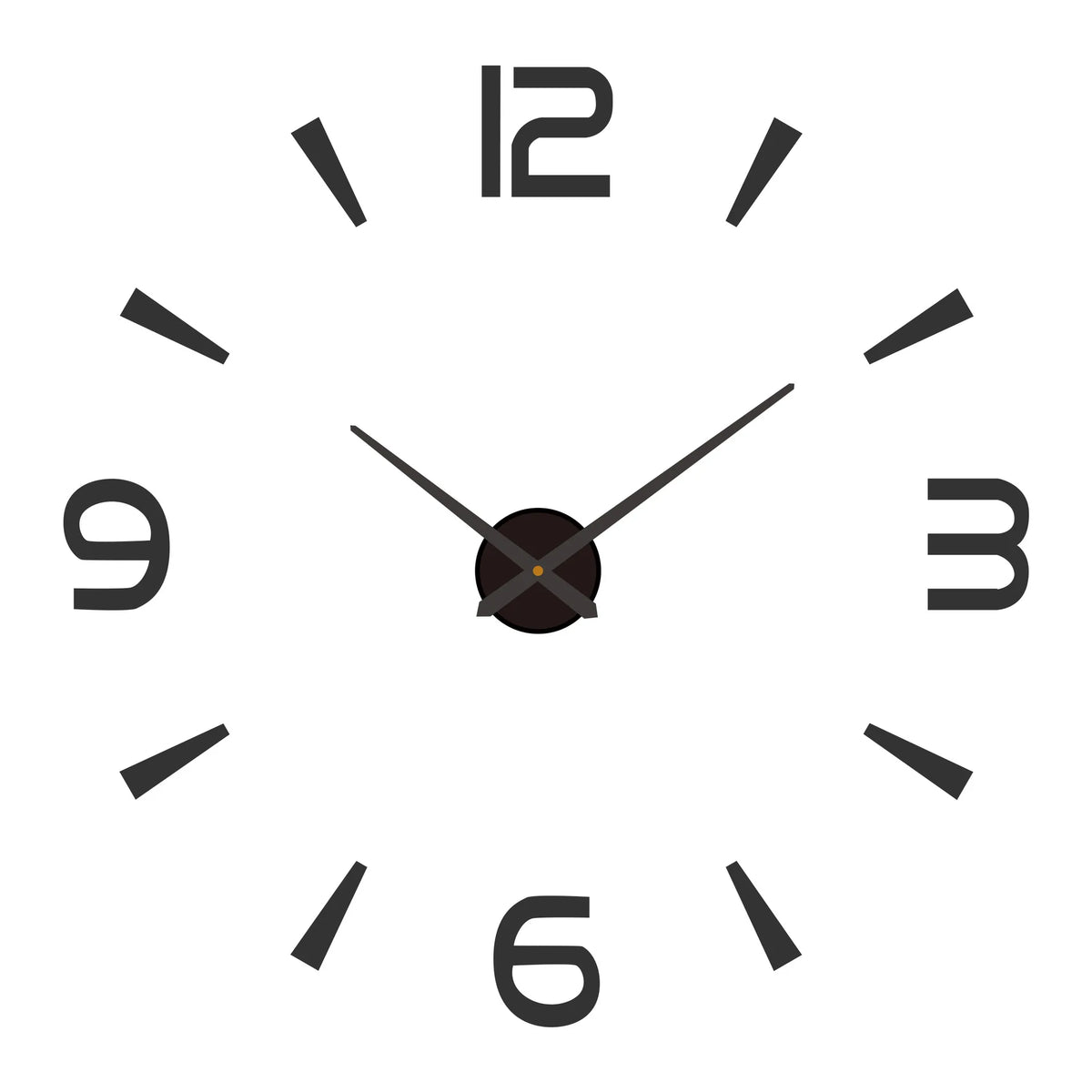 A white clock face with black hands showing 12 o'clock, featuring a modern acrylic design.