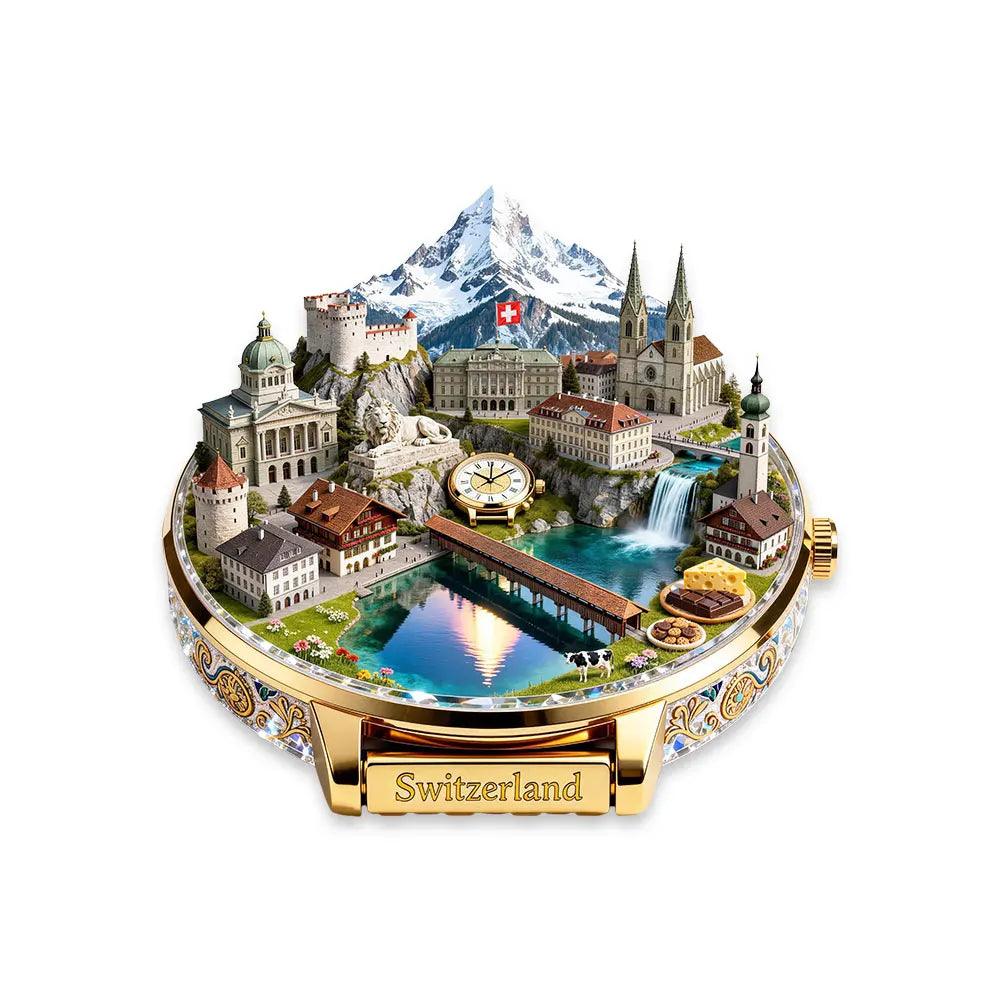 A round metal fridge magnet featuring a scenic landscape of Switzerland including mountains, historic buildings, and water.