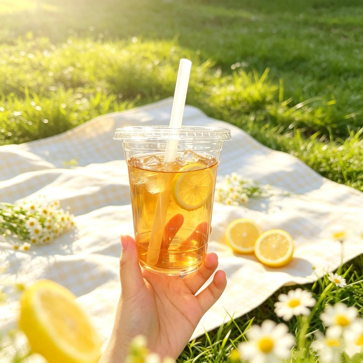 A hand holds a clear plastic cup filled with iced tea and a lemon slice on a white cloth outdoors.