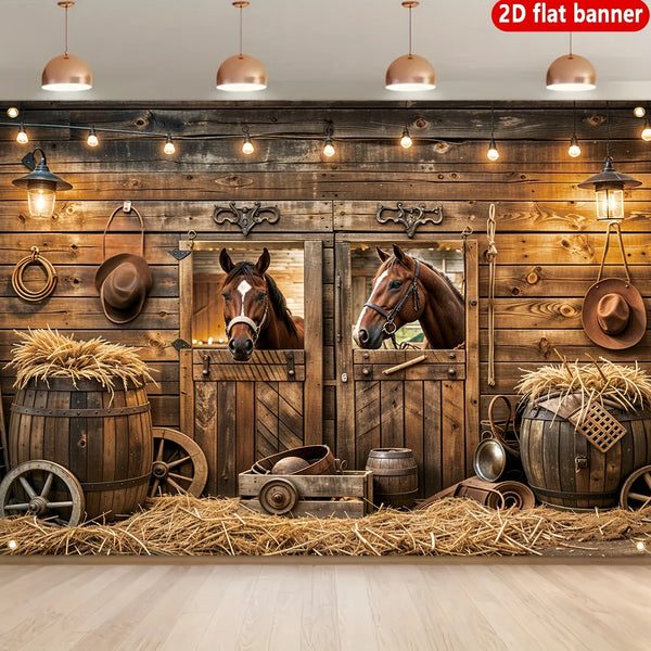 Rustic western horse barn wall tapestry featuring wooden planks, hay, and antique leather goods.